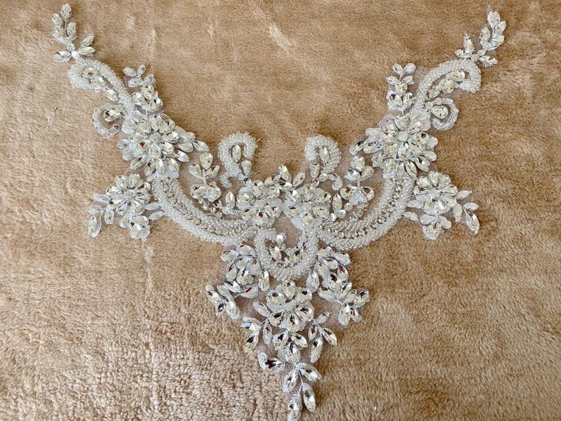 wtbvn Handmade Rhinestones lace Applique handsewing Beads Trim Patches Neckline for Dress Clothes Accessory (White) - Image 4